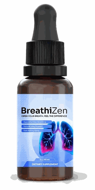 An amber Breathizen bottle with a black rubber-bulb dropper cap and a blue label carrying the BreathiZen wordmark and a lung illustration